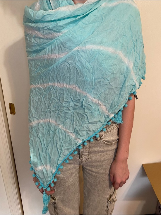 None Accessories - Light Blue Tie-Dye Pom-Trim Women's Wrap Scarf